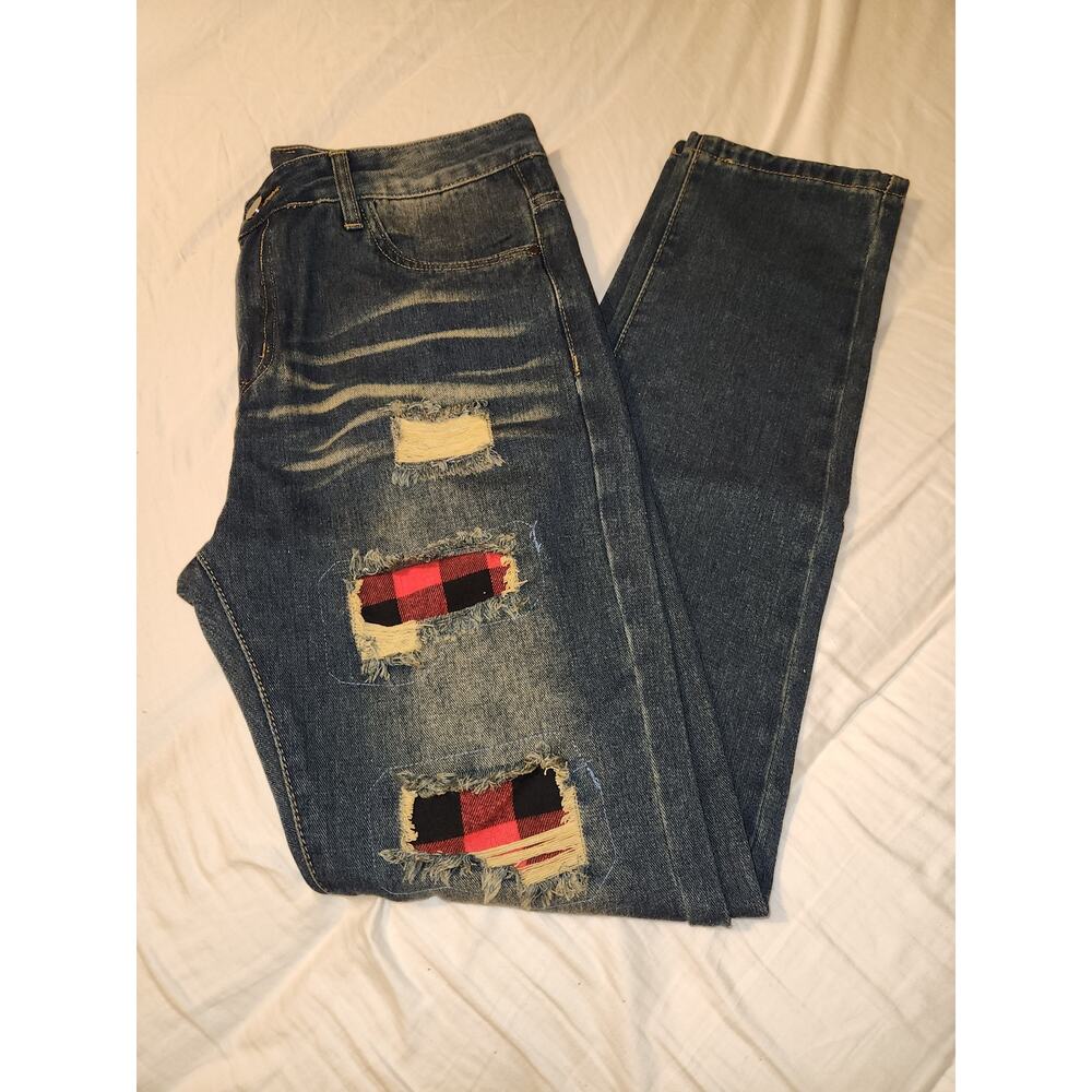 Men's Buffalo Plaid Patch Straight Leg Jeans